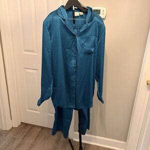 Vintage Sophia by Delicates Teal Satin Pajama Set Tonal Stripe L 90s Loungewear